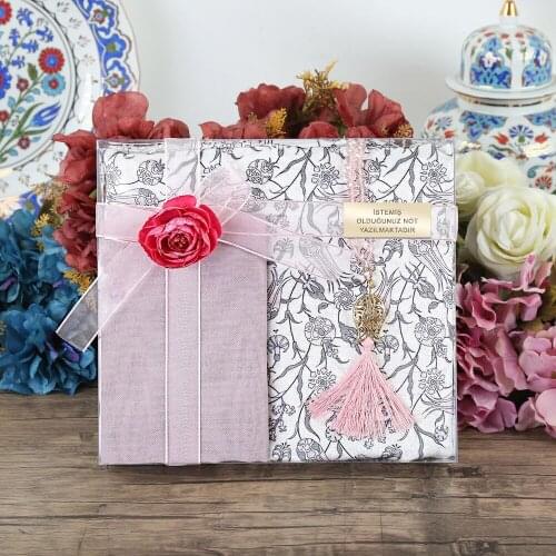 Special Gift Tile Pattern Prayer Rug, Plain Shawl Luxury Crystal Tasbih-Pink FREE SHİPPİNG