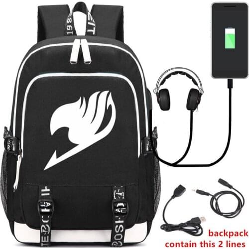 Japan Fairy Tail Backpack Rucksack Bag w/ USB Fashion Port / Lock / Headphone interface Students Book Laptop bag Gifts Cosplay