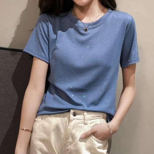 Women Casual All-match Summer Base T-shirts Bright Silk Short Sleeve Round Neck Tshirt Solid Color Slim Female Tops Streetwear