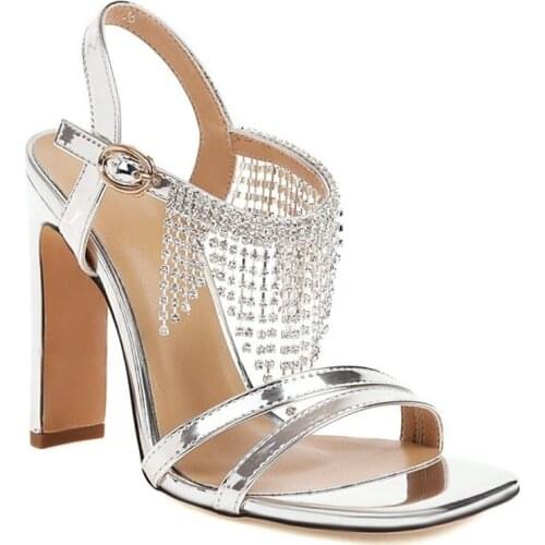 Womens Open Toe Rhinestones Crystal Tassels High Heel Sandals Slingbacks Shoes Genuine Leather Plus Size New 2021