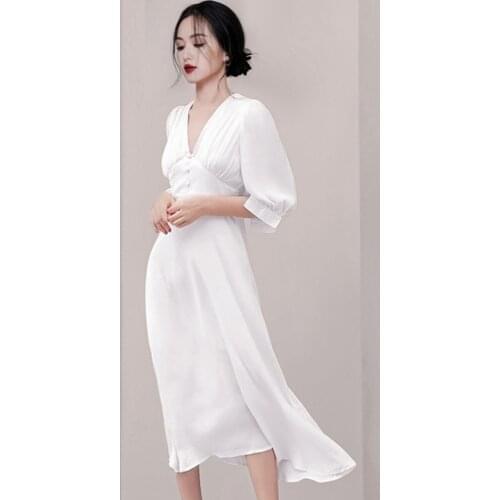 New Vintage V Neck Half Sleeve Chiffon Dress Women Summer 2019 Elegant White High Waist Slim Long Dress Evening Party Vestidos