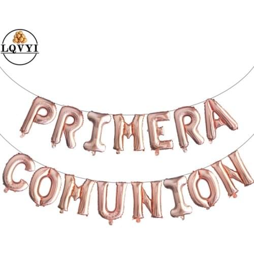 15pcs 16inch Letter Holy first communion decoration Silver foil balloons banner Gold Spanish Primera comunion hanging bunting