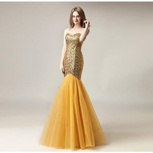 2020 Cheap Sparkly Mermaid Formal Party Wearing Sexy Prom Evening Clothes Paillets Gold Floor Length Plus Size