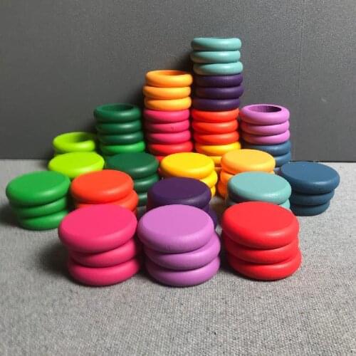 36/72 colors Kids Wooden Toys Beech Rainbow Coins and Rings Stackable Blocks Nature Loose Parts Creative Toy