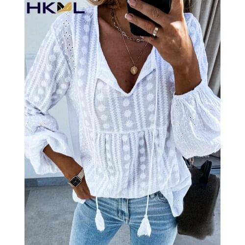 Eyelet Embroidery Tassel Design Lantern Sleeve Top Women Blouses