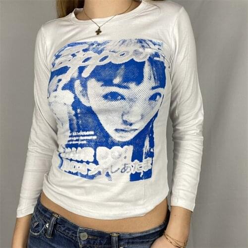 CHRONSTYLE Long Sleeve Face Portrait 90s Slim Fit Y2K Tee Shirts Top 2021 Women Harajuku Graphic Print Tunics Streetwear T-shirt