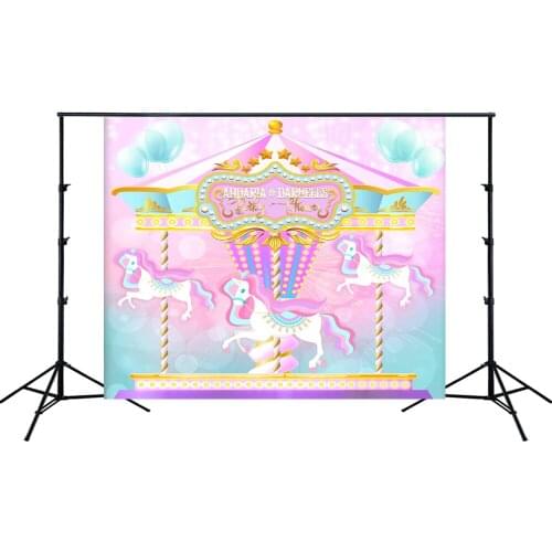 Girl Princess Backdrop Baby Shower Party Banner Carrousel Carnival Birthday Photo Background Table Poster Scene Setter Decor