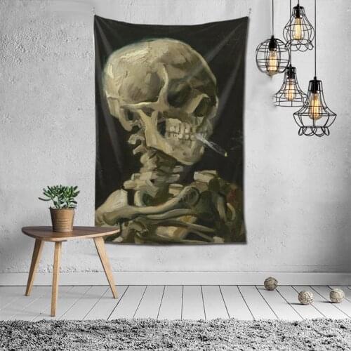 Skull With Burning Cigarette Bedroom Tapestry Vincent Van Gogh Painting Background Hanging Covering Living Room Decor Arts Mat