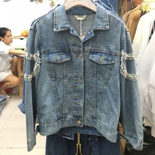 Korean Autumn Long Sleeve Single Breasted Womens Loose Coats Fashion High Street Pearls Embroidery Casual Female Short Jackets