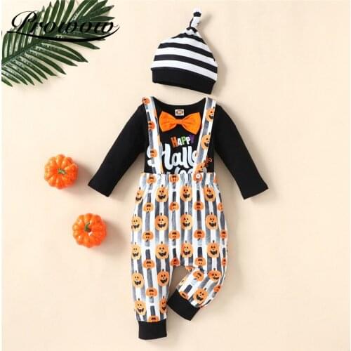Prowow Baby Halloween Costume 3 Pcs Newborn Bobysuit+Pumpkin Overalls Set Long Sleeve Kids Toddler Boys Clothing Infant Outfits
