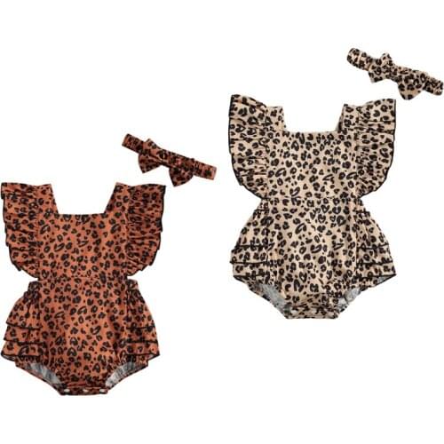 Newborn Baby Girls Boys Leopard Bodysuits Headband Ruffles Short Sleeve Backless Jumpsuits 0-24M