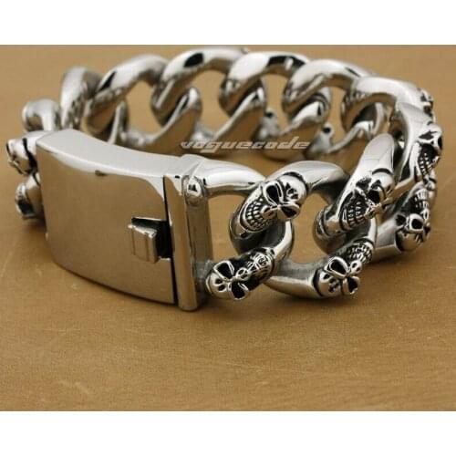 LINSION Huge Heavy 316L Stainless Steel Skulls Bracelet Mens Biker Rocker Punk Link Chain 5F005 Free Shipping