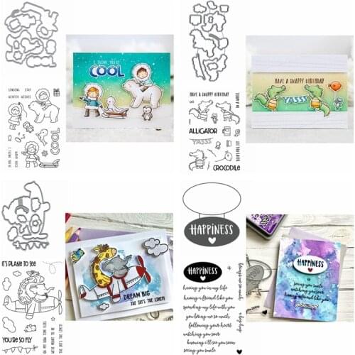 Metal Cutting Dies Match Clear Stamps Dinosaur Giraffe Elephant Aircraft Little Girl Fun Time Happiness Words Sentiments 2020