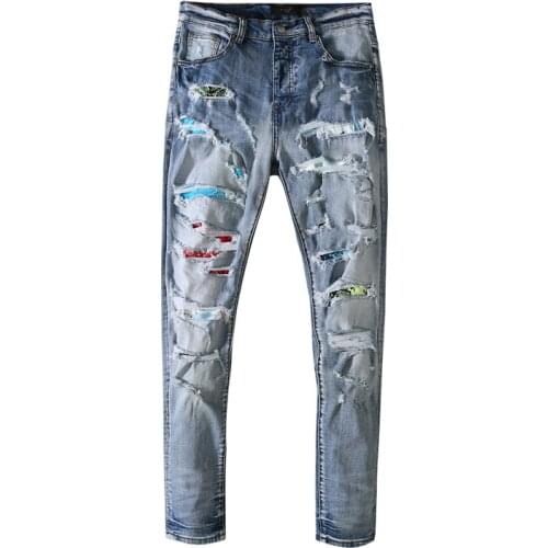 New 2021 mens male trousers high-street color patch distressed hole rainbow patch destroyed jeans American fashion denim pants
