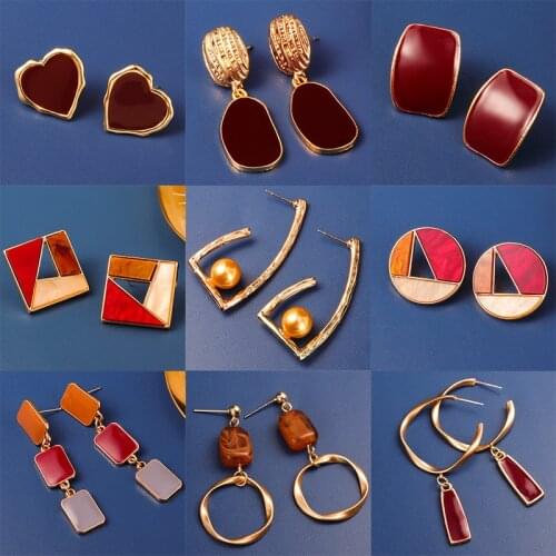 Multiple 13 Style brown Red Acrylic irregular Retro Drape Earrings for Women unique design Round Square Girls party jewelry