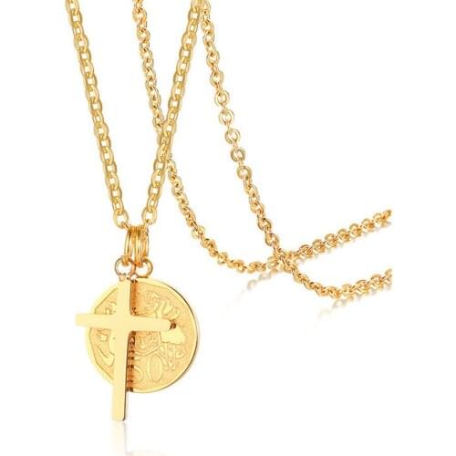 Cross & Coin small pendant necklaces for women girl bijou18k yellow gold color titanium fashion jewelry Christmas birthday gift