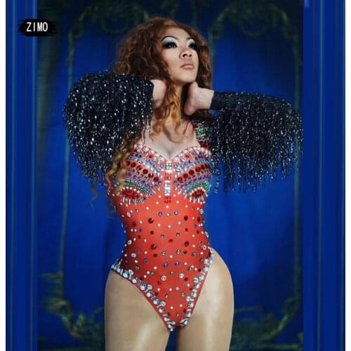 Sexy Sequin tassel Fringe long Sleeve Dance Rhinestone Bodysuit FOR Women SEXY PARTY Nightclub Bar Outfit Singer Wear dance pole