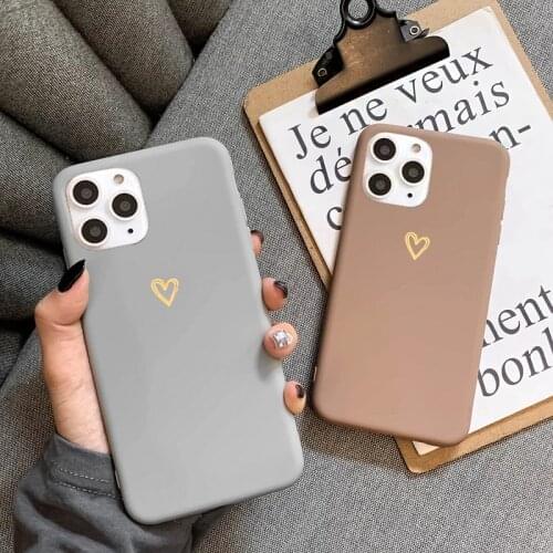 Simple Brown Gray Love Heart Phone Case For iPhone 11 12 Pro X XR XS Max 7 8 6 6s Plus SE 2020 Soild Color Soft Silicone Cover