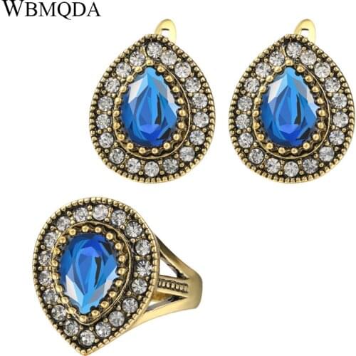 2 Pcs/lot Luxury 4 Colors Bohemian Wedding Jewelry Sets Big Resin Gold Ring Stud Earrings For Women Vintage Crystal Jewellery