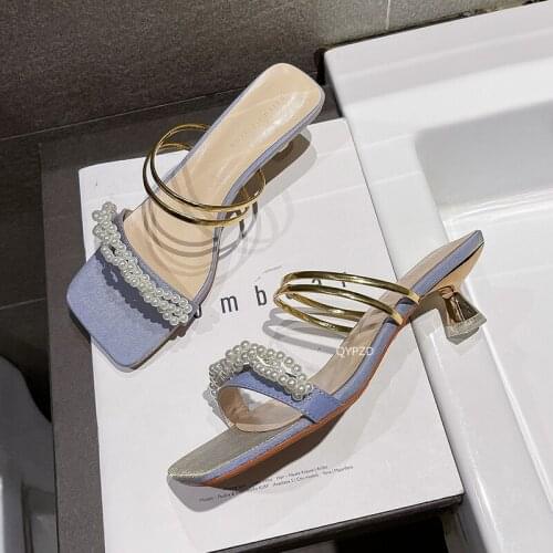 String Bead Med Heels Slippers Women for Summer Metal Strap Square Toe Party Shoes Woman 2021 Fashion Thin Heel Slides