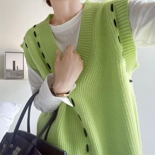 LMQ NEW 2021 Women Line Design Sense Knitted Vest Korean Version Loose V-Neck Simple All-Match Sleeveless Sweater Pullover Tops