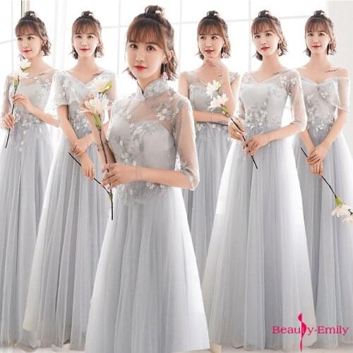 Beauty-Emily Long Elegant New Bridesmaid Dresses 2020 Lace V Neck Appliques Tulle Party Gowns For Wedding Vestido de noiva