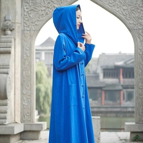 Fashion 2018 women autumn winter long dress vintage cotton linen robe ankle length hooded gown blue dresses outwear