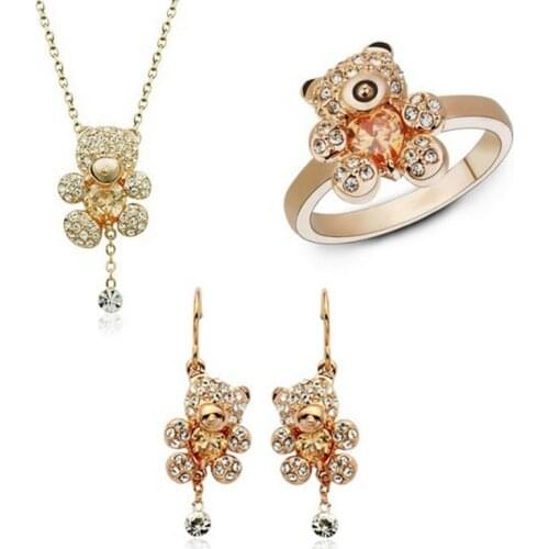 Gold cute bear crystal jewelry sets earrings necklace rings jewelry set for women party bijouterie
