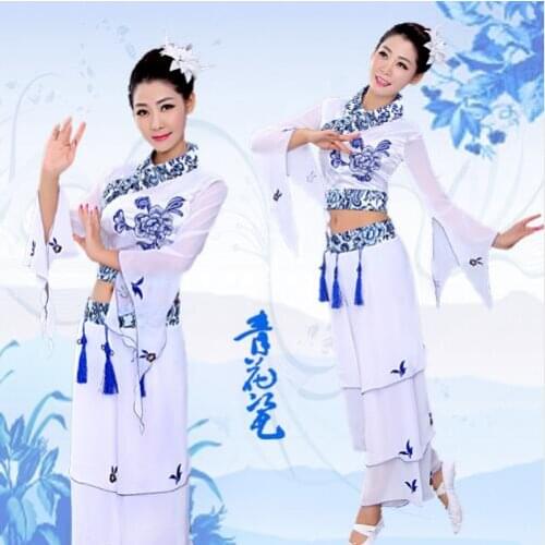 0105) Blue and white porcelain costumes classical dance fan yangko dance costume guzheng flute performance national costume