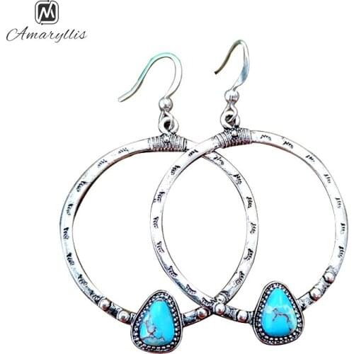 Amaiyllis Bohemia Turquoises Dangle Earrings For Women Chunky Metal Circle Drop Earrings Large Round Pendant Earrings Brincos