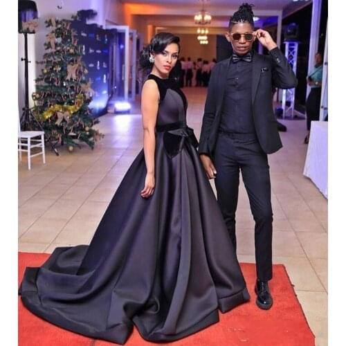 Satin dress 2020 Sexy black satin A line cap sleeves plus size arabic cheap modest long formal Prom Gowns Celebrity Dresses