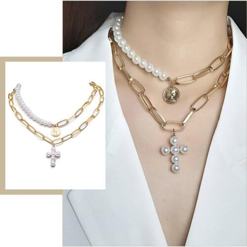 2 pcs/ Set Chunky Lora Rectangle Link Chain Choker for Women Simulated Pearl Cross Coin Pendant Chic Elegant Layered Necklaces