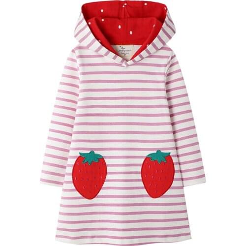 2 3 4 5 6 7 Years Toddler Girls Dress Casual Strawberry Print Hooded Long Sleeves Kids Dresses for Girls Baby Kids Clothing New