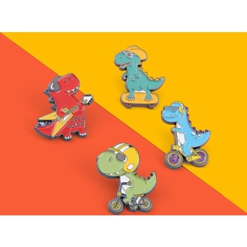 Cartoon Dinosaur Enamel Pin Cool Wind Guitar Skateboard Badges Brooches For Women Bag Backpack Accessories Gifts For Friends