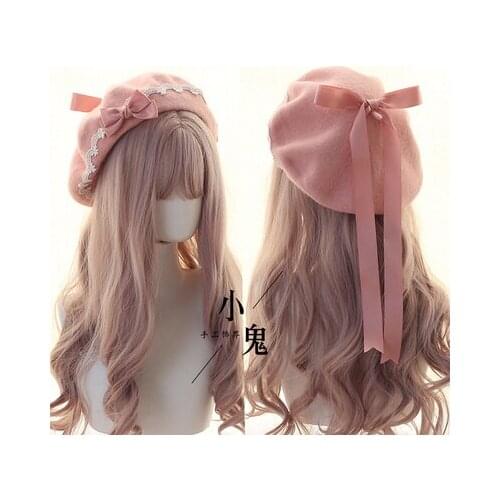 Cute Girl Lolita Dress Accessory Pink Kawaii Bowknot Beret Sweet Lace Easy-matching Autumn Winter Loli Hat