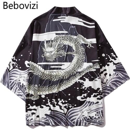 Bebovizi Japan Style Dragon Printed Thin Kimono Men Japanese Harajuku Streetwear Couple Cardigan Jackets Casual Outerwear 2019