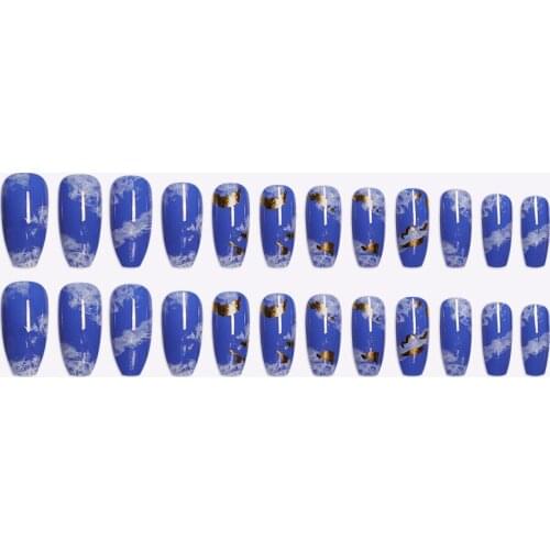 Fake Nails Long Blue Sky and White Clouds Wear Nail Stickers Finished Nails 24 With Glue