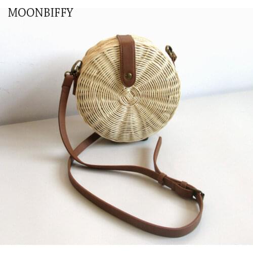 New Handmade Woven Rattan Bag Knitting Straw Women Bags Beach Circle Handbags Summer Sling Shoulder Bags Clutch Travel Bohemian