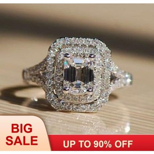 Fashion Jewelry Women Engagement ring Princess cut Cz 5A Zircon stone 10KT White Gold Filled Wedding Band Ring Sz 5-11