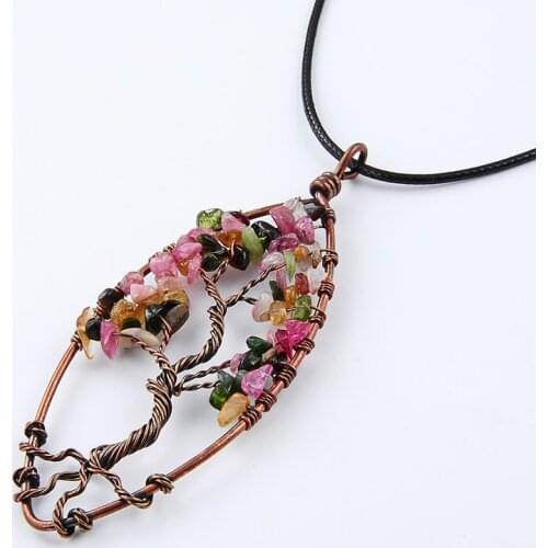 New Fashion Women Jewelry Natural stone Tourmaline Pendant Necklaces with black Wax rope Eye copper wire Tree of Life Necklace
