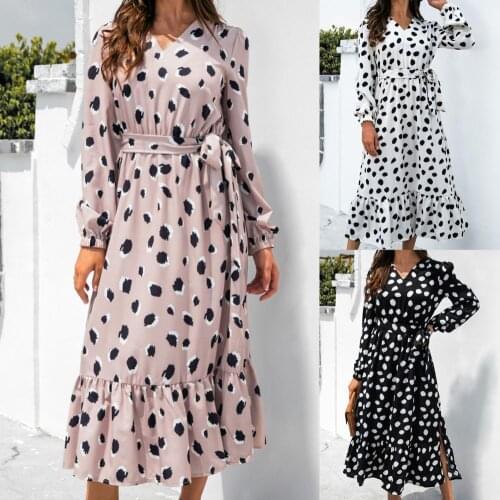 Hot Sale Summer Fashion New Dot Print Ruffle Large Hem Midi Dress Elegant V Neck Puff Long Sleeve Autumn Dress Sundress Soft2021