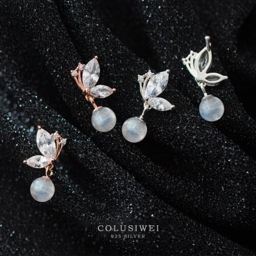 COLUSIWEI Romantic Moonstone Dangle Earring for Women Pure 925 Sterling Silver Dazzling Zircon Butterfly Drop Earring Jewelry