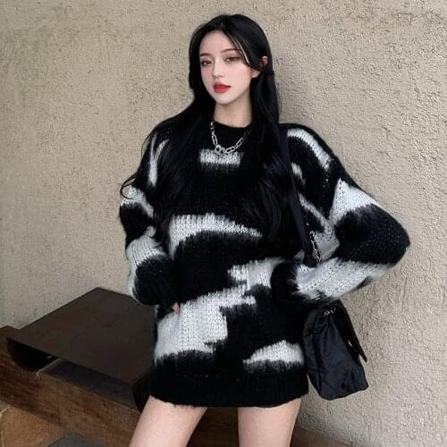 Loose Pullover Sweater Women Autumn Tie Dye Full Sleeve Mohair Black Sweater Casual Sweater All-Match Mid-length Knit Dress 2021