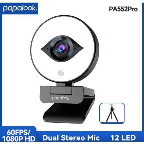 FHD 60FPS 1080P Webcam with Ring Light, PAPALOOK PA552 PRO USB2.0 Web Camera Autofocus Dual Stereo DSP MIC for Laptop Streaming
