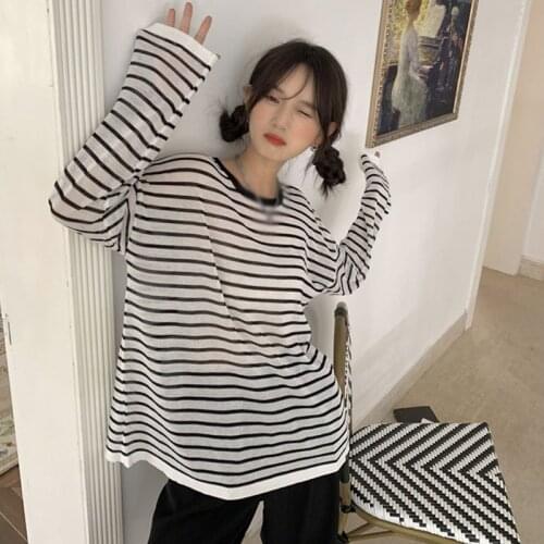 Women Fashion Striped Ice Silk T-shirt Casual Long Sleeve O-neck Soft Korean Shirt Women T-Shirt