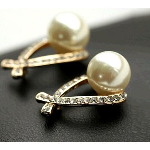 Big Glossy Simulated Pearl Full Crystal Crossing Band for Women Golden Silver Plated Drop Dangle Earrings