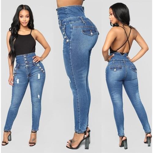 FNOCE autumn winter Womens ripped Jeans street fashion casual solid Fastener High Waist Stretch skinny elegant denim trousers