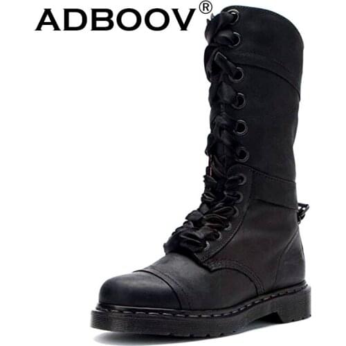 ADBOOV Floral Print Lining Long Boots Women Leather Black Martens Ridding Boots Shoes Woman Botas Mujer Invierno 2019 Size 43