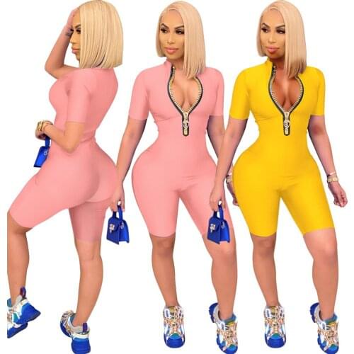 2021 Womens Solid Color Zipper Jumpsuit Summer Cool Sexy Quick Dry Tight Sports Jumpsuit V-Neck Short Sleeve Bodysuit