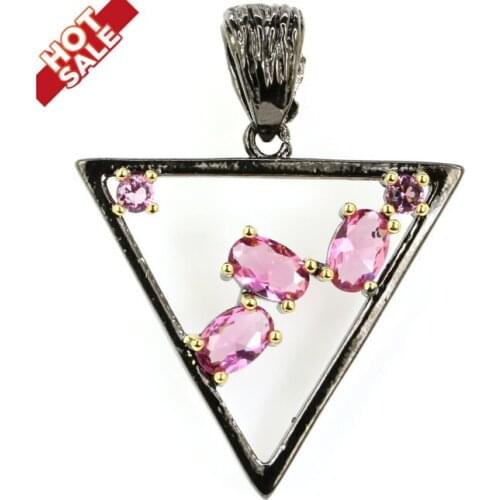 34x23mm Sublime Antique Trangle Shape Created Pink Tourmaline Gift For Sister Black Gold Silver Pendant